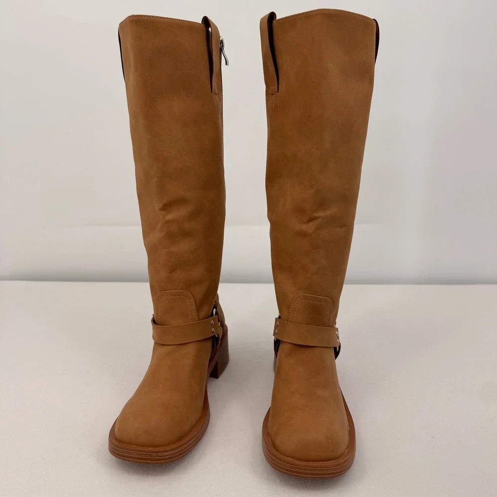 Tan Faux Suede Tall Harness Boots Womens 9-9.5 Round Toe Moto Block Heel Zip